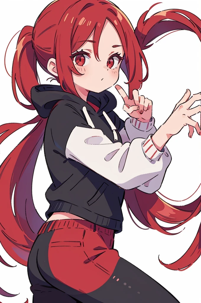 1 woman, best quality, Red Hair, ponytail, red eyes, white hoodie, black pants, white background, perfect hands