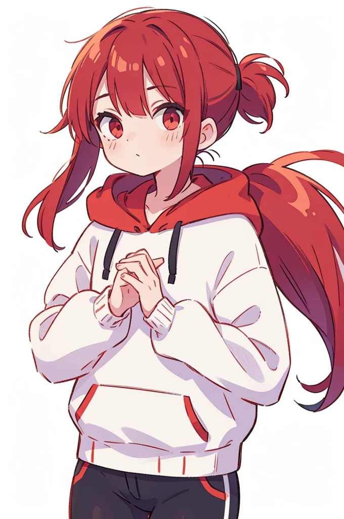 1 woman, best quality, Red Hair, ponytail, red eyes, white hoodie, black pants, white background, perfect hands