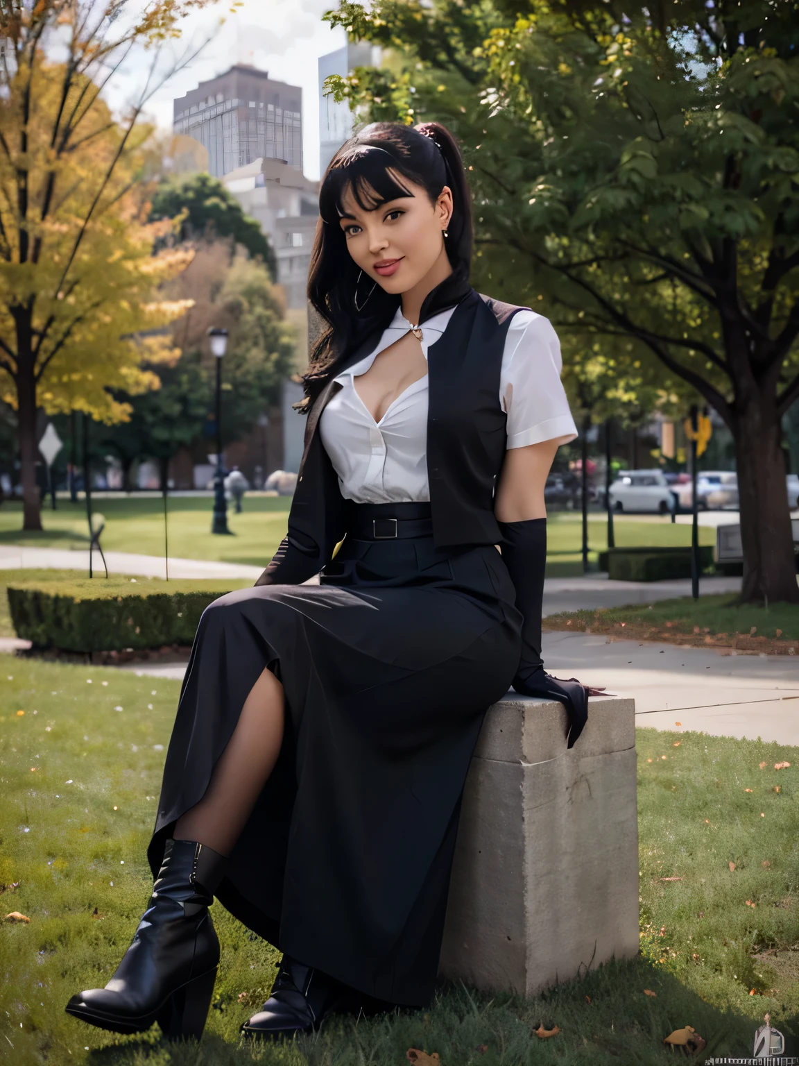 beautiful girl that looks like Bettie page, smile, updo, ponytail hair, black long maxi-skirt(black long maxi-skirt:1.2), black satin gloves,high boots, ((and a long woolen vest )), flirting with the camera, hand bag on her shoulders, sitting on teh grass of central park,