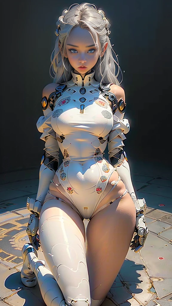 (Masterpiece), (Best Quality), Girl, ((Ultra Detailed)), (Highly Detailed CG Illustration), (Expressionless),, NSFW,(Masterpiece: 1.16), (Best Quality: 1.32), (meticulous_detail), (High resolution: 1.1), (Best lighting: 1.1), (Best shadow: 1.1), (Extremely delicate and beautiful), (Appropriate shadow: 1.1), (Illustration: 1.1), (Finish: 1.1), Overlap, (Appropriate pose), (Appropriate configuration), (Ultra precise_construction: 1.2), Crop, (Bold highlight outline), (Detailed face), (Beautiful eyes), (thick_dense_ skin: 1.16), (super precision skin: 1.16), Bold_eyelashes, (soft cheeks: 1), white background, 1 girl, Android girl, complex mechanism, gray hair, long hair, pink eyes, glowing eyes, feminine expression, off-the-shoulder suit, (abnormal joints, dotted joints: 1.2), thighs, decadent behavior, glowing joints