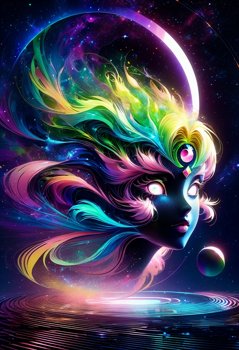 Two dimensions,A super cute "Sailor Moon"(Sailor Moon),mini image,Beautiful slim girl in anime style,cyberpunk,Steampunk,Fault art,Holographic projection,mechanical aesthetics,antiquity,neon lights,Laser light,fluorescence,space light,glow effect,Intersex lighting,rainbow foil,Unreal Engine,Deep hybrid minimalism/Maximalist two-dimensional pointillism style,photorealistic oil painting/Watercolor style,Cute happy expression,Holographic specimen with layered shadows,Hazy ruby and opal kaleidoscope on onyx background,Diffuse ionospheric reflection,Vibrant iridescent sharp contrasting colors,inspired by edgar degas、Vermeer、Mucha、Masterpieces by Monet and other masters,complex against neon、Money、uranium、Tin magnetosphere detail。high definition definition,masterpiece,Extra large round monochrome eyes,whole body,Big head doll,front view,cute aesthetic,rich background,Rich in details。