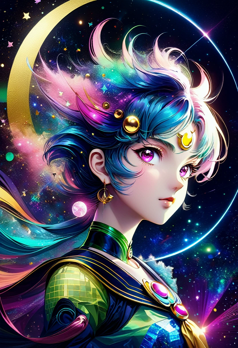 Two dimensions,A super cute "Sailor Moon"(Sailor Moon),mini image,Beautiful slim girl in anime style,cyberpunk,Steampunk,Fault art,Holographic projection,mechanical aesthetics,antiquity,neon lights,Laser light,fluorescence,space light,glow effect,Intersex lighting,rainbow foil,Unreal Engine,Deep hybrid minimalism/Maximalist two-dimensional pointillism style,photorealistic oil painting/Watercolor style,Cute happy expression,Holographic specimen with layered shadows,Hazy ruby and opal kaleidoscope on onyx background,Diffuse ionospheric reflection,Vibrant iridescent sharp contrasting colors,inspired by edgar degas、Vermeer、Mucha、Masterpieces by Monet and other masters,complex against neon、Money、uranium、Tin magnetosphere detail。high definition definition,masterpiece,Extra large round monochrome eyes,whole body,Big head doll,front view,cute aesthetic,rich background,Rich in details。