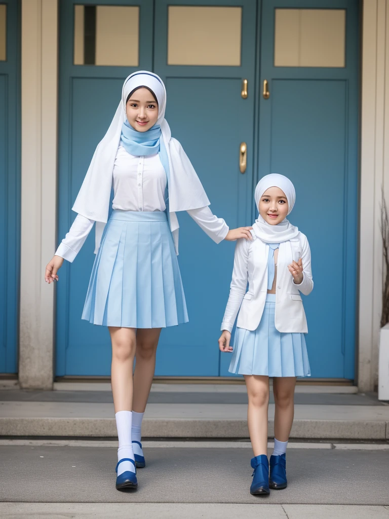 an Indonesian woman wearing a white scarf and a light blue skirt, girl wearing , uniform, white hijab, hijab, school girl, wearing , wearing a , student, , wonderful masterpiece, seifuku, cute , uniform, wearing authentic attire, candid picture, wearing headmistress uniform