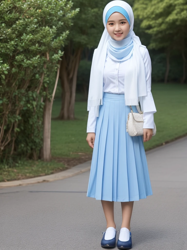 an Indonesian woman wearing a white scarf and a light blue skirt, girl wearing , uniform, white hijab, hijab, school girl, wearing , wearing a , student, , wonderful masterpiece, seifuku, cute , uniform, wearing authentic attire, candid picture, wearing headmistress uniform