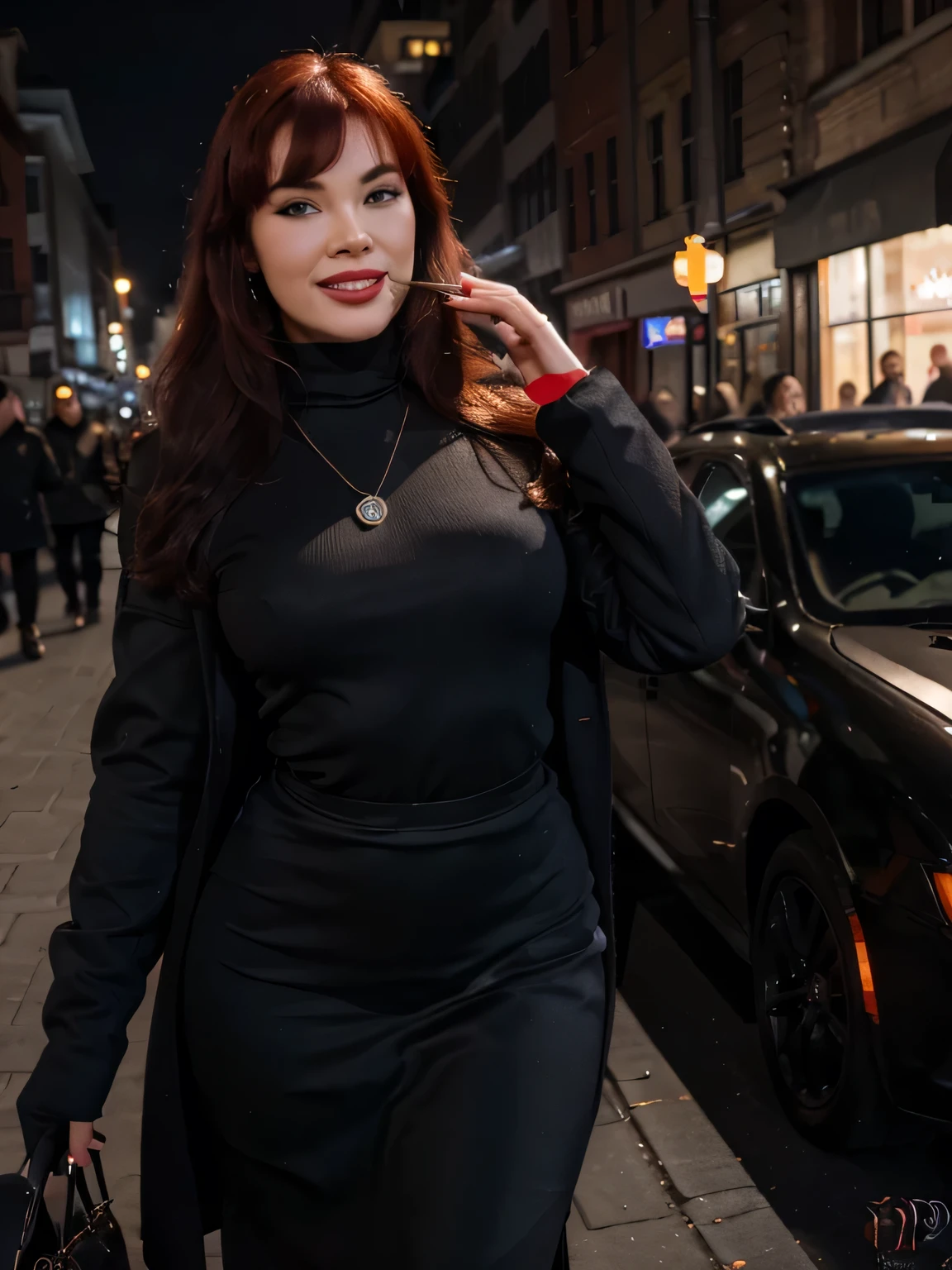 A beautiful smiling lips open Bettie page with red hair in a dark blue, long loose invernal black coat, black  gloves, in a large black turtleneck with a black small round pendant in a maxy long brown pencil skirt with a side slit, standing outside a cafe on the street on Nevsky Prospekt, burgundy bag ,watin for the taxy, smoking a cigarette , she wants to make love with me now,photo captured in stunning Ultra HD, 8k resolution, Nikon D850,  