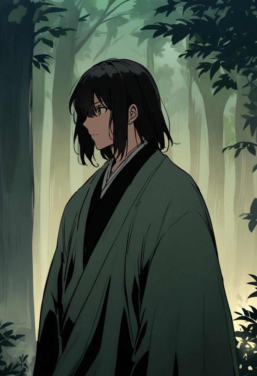 anime man, shoulder-length straight black hair, makoto shinkai's style, forest background