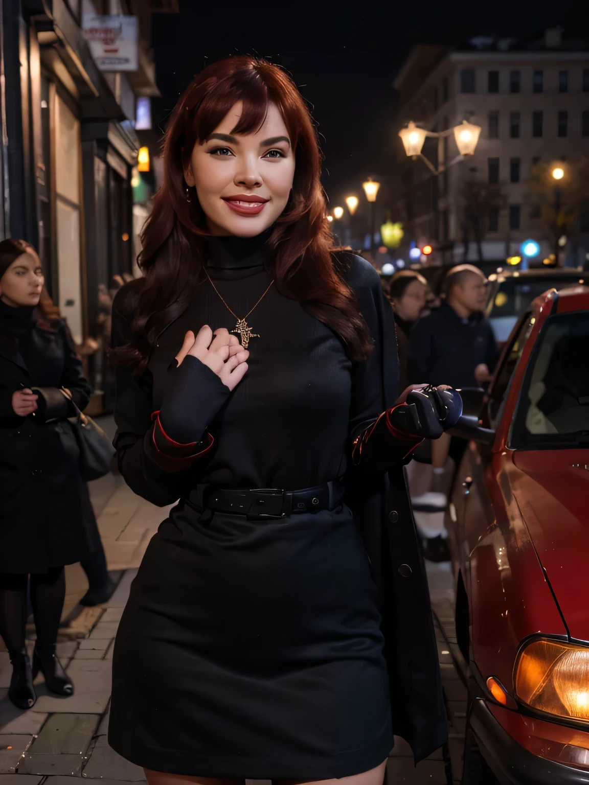 A beautiful smiling lips open Bettie page with red hair in a dark blue, long loose invernal black coat, black gloves, in a large black turtleneck with a black small round pendant in a maxy long brown pencil skirt with a side slit, standing outside a cafe on the street on Nevsky Prospekt, burgundy bag ,watin for the taxy, smoking a cigarette , she wants to make love with me now,photo captured in stunning Ultra HD, 8k resolution, Nikon D850,