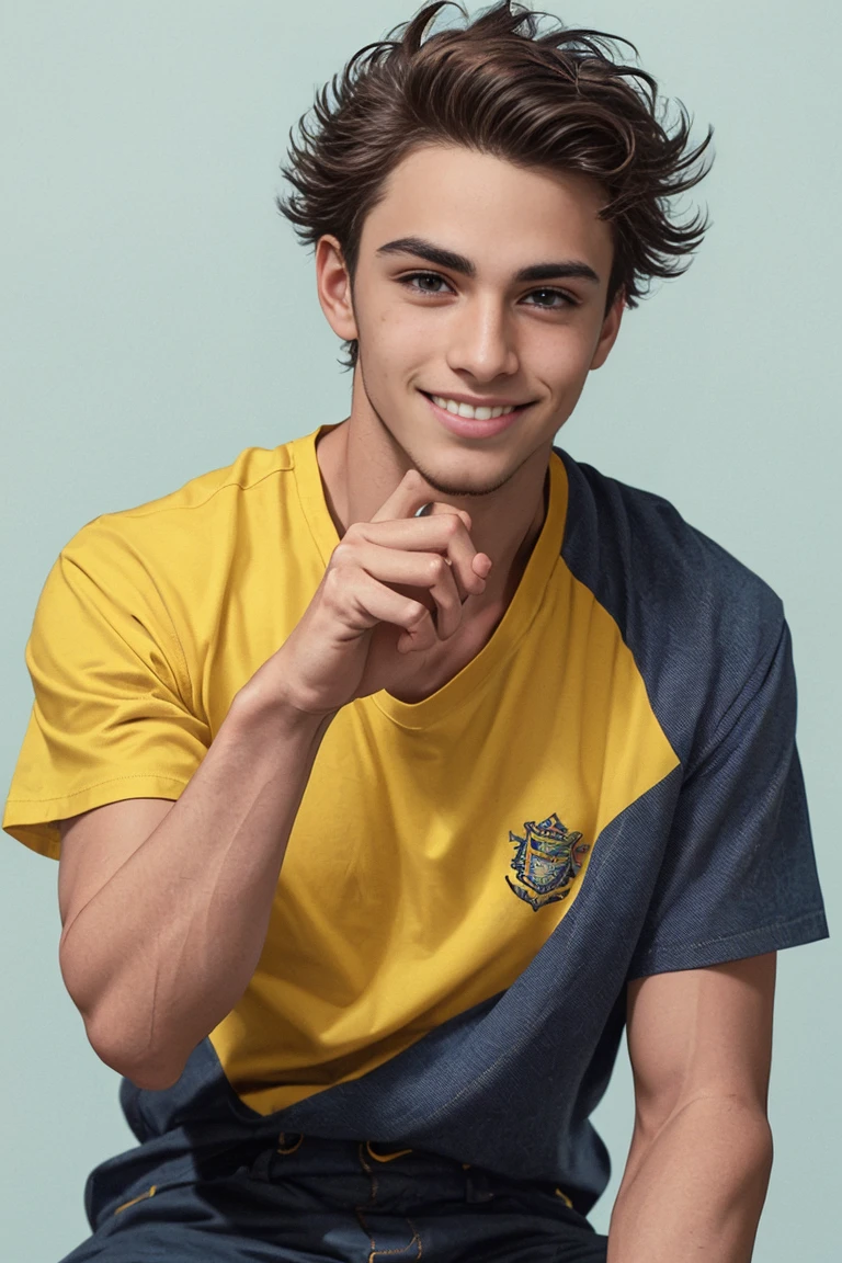 A cinematic portrait photograph of a handsome young man, shot in a mugshot style, set against a brilliant blue plain background, wearing a vibrant yellow t-shirt that pops against the calm tone, his index finger casually pointed to his forehead as if highlighting his cleverness, a radiant smile spreading across his face, exuding confidence and joy, captured with sharp focus and shallow depth of field, accentuating his bright eyes and flawless skin, evoking a sense of playful intellectualism and carefree youth.