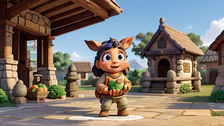 a stone statue of the donkey named Bento, with bright eyes and brave expression, carrying bags of flour and vegetables in the middle of the village