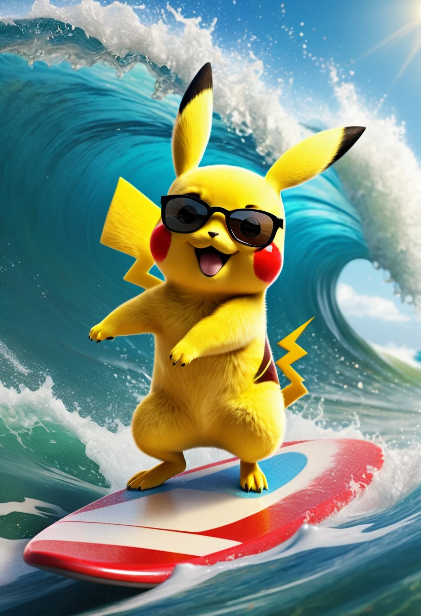 Pikachu, wearing sunglasses, surfing on a wave, tropical beach background, bright colors, dynamic action pose, playful expression, highly detailed, cartoon style, 4k resolution