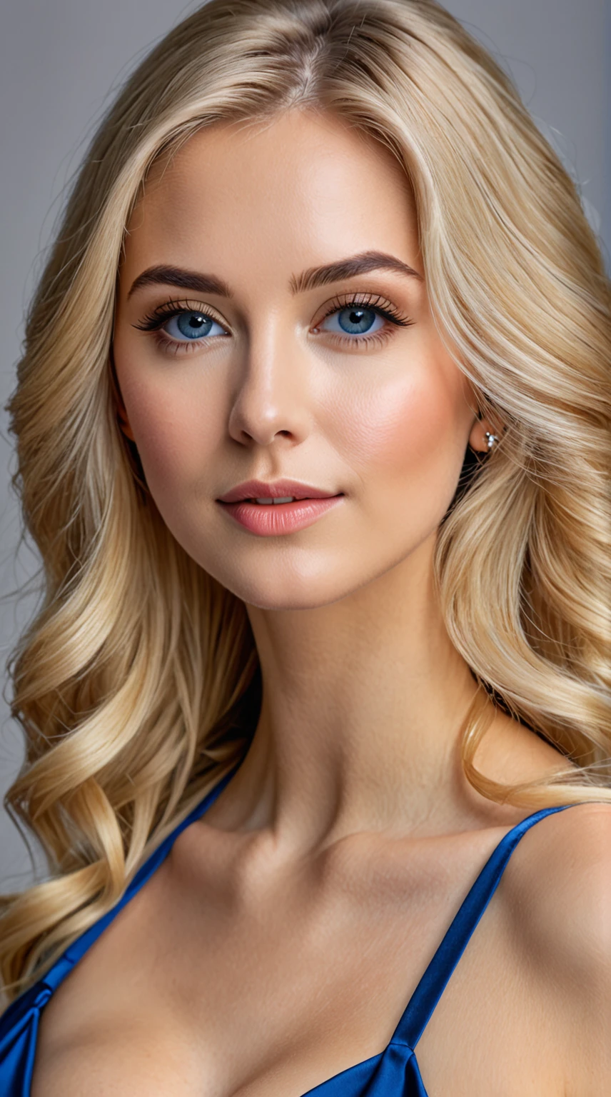 ultra realistic, real life, woman in a blue dress posing for a picture, blonde hair, big fake breast, soft portrait shot 8k, finely detailed perfect face, lovely delicate face, sexy look at the camera, blonde long hair, large eyes, close-up perfect face, extremely beautiful face, stunning closeupheadshot, perfect face, very pretty face