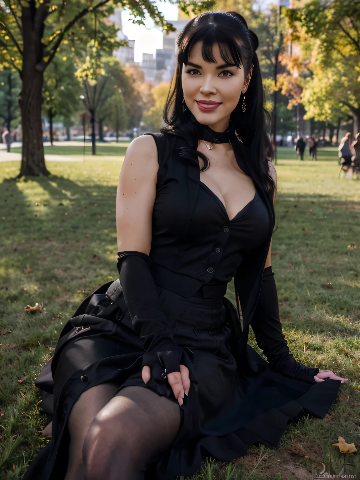 beautiful girl that looks like Bettie page, smile, updo, ponytail hair, black long maxi-skirt(black long maxi-skirt:1.2), black satin gloves,high boots, ((and a long woolen vest )), flirting with the camera, hand bag on her shoulders, sitting on teh grass of central park,