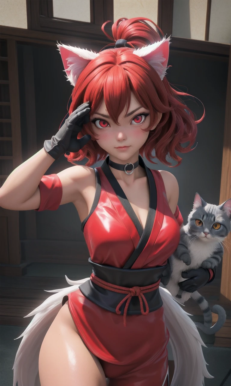 Masterpiece, Best Quality, Super Detailed, High Definition, Expensive Resolution, HDR, 4k, 8K, Unity 8k Wallpaper, Super Detailed CG, Masterpiece, Beautiful Details, Depth, Fine Texture, Super Fine: 1.3, Fully focused, crispy, skin, Very cute woman, ((red right eyes)) , looking at camera, ornament, heart, choker, sfw, covered medium breasts, red hair with cat ears, wearing a Japanese red shiny ninja like outfit, white fur, wearing gloves , carrying a sword, fullbody, fighting pose