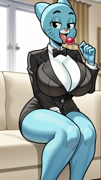 source_anime,score_9,score_8_up,screencap, anime screencap, BREAK, 1girl, gumball, gumballs mom, mature female, milf, gigantic breasts, tuxedo suit, indoors, licking lollipop, sitting, couch, lollipo, glazing lollipop