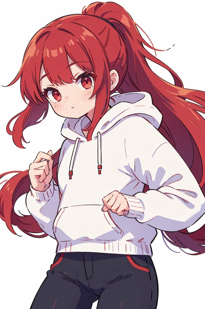 1 woman, best quality, Red Hair, ponytail, red eyes, white hoodie, black pants, white background, perfect hands,open hand