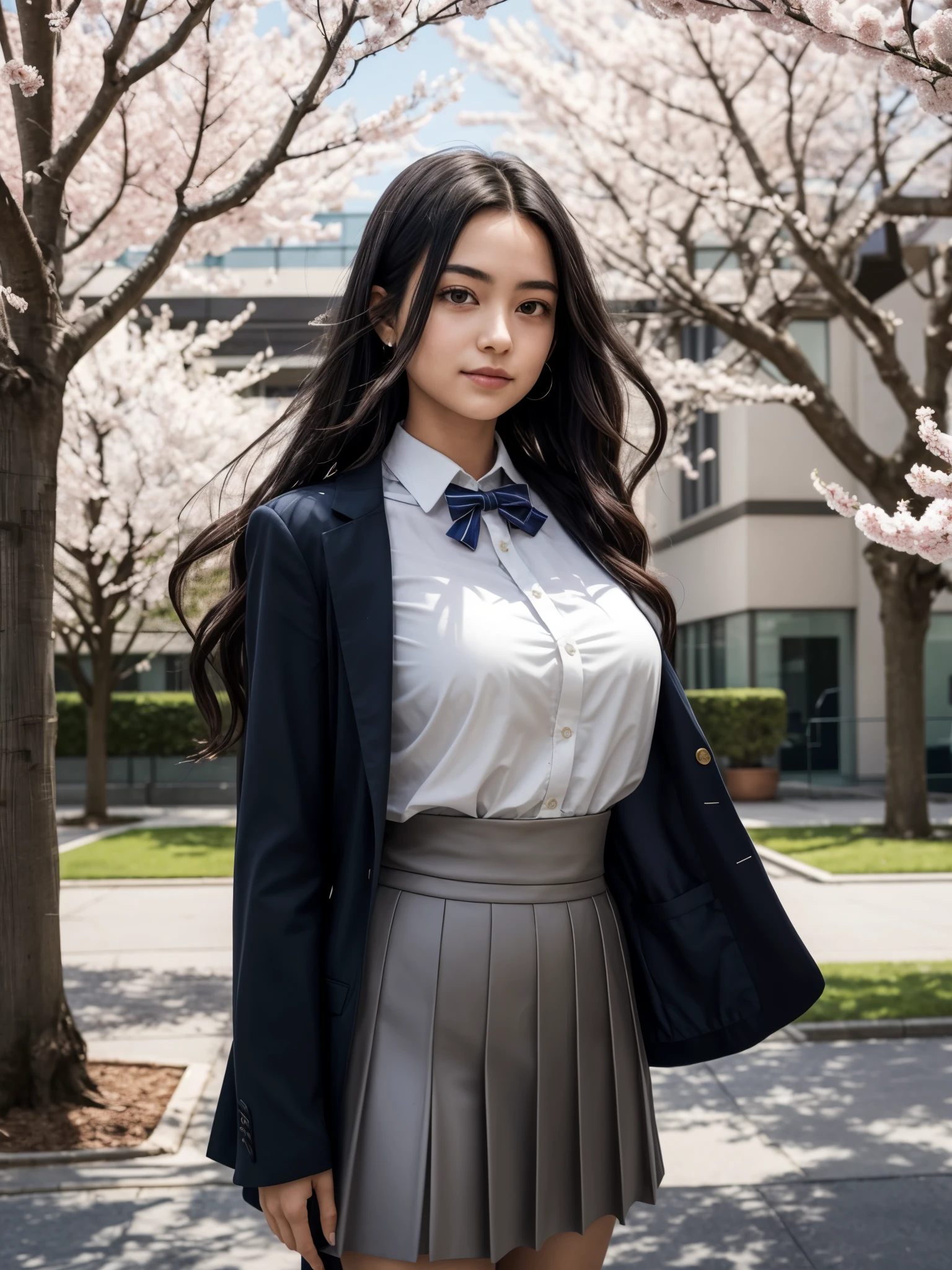 The photograph of girl standing confidently in the school courtyard, surrounded by blooming cherry blossom trees. She is wearing her  with a hint of elegance—a neatly pressed blazer over a crisp white shirt. Her long, flowing hair catches the sunlight, framing her face with soft curls. girl's expression is thoughtful yet approachable, embodying her poised demeanor and natural charisma. In the background, classmates can be seen chatting and laughing, reflecting girl's popularity and respected presence among her peers. girl is arabs, very long straight black hair, (thick eyebrows:0.8), huge breasts, (warm skin undertone), black eyes, wide eyes, middle parted hair, v-shaped eyebrows, (v-shaped eyes, tsurime),