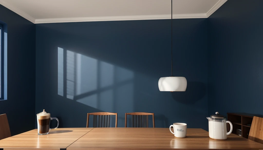 A blue coffee pot and a cup of hot coffee, em primeiro plano, meeting room background with dark blue wall, obra de arte, 8k, high resolution.