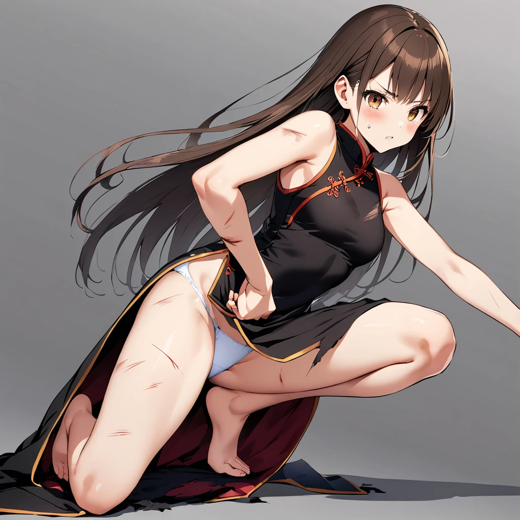 16k works,highest quality,18-year-old,No background.White background only,whole body、Kneel,Dynamic and sexy pose, one person, Beautiful Face,, Symmetrical eyes, Perfect body, Good balance、 Perfect body、Brown eyes,A painful depiction,,Brown Hair,Long Hair,bangs,((Kneel,Injury,Torn clothes:1.4,Short black Chinese dress、Sleeveless、Deep slit,panties,)