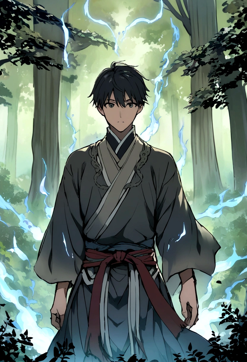 anime boy, shoulder-length straight black hair, makoto shinkai's style, forest background