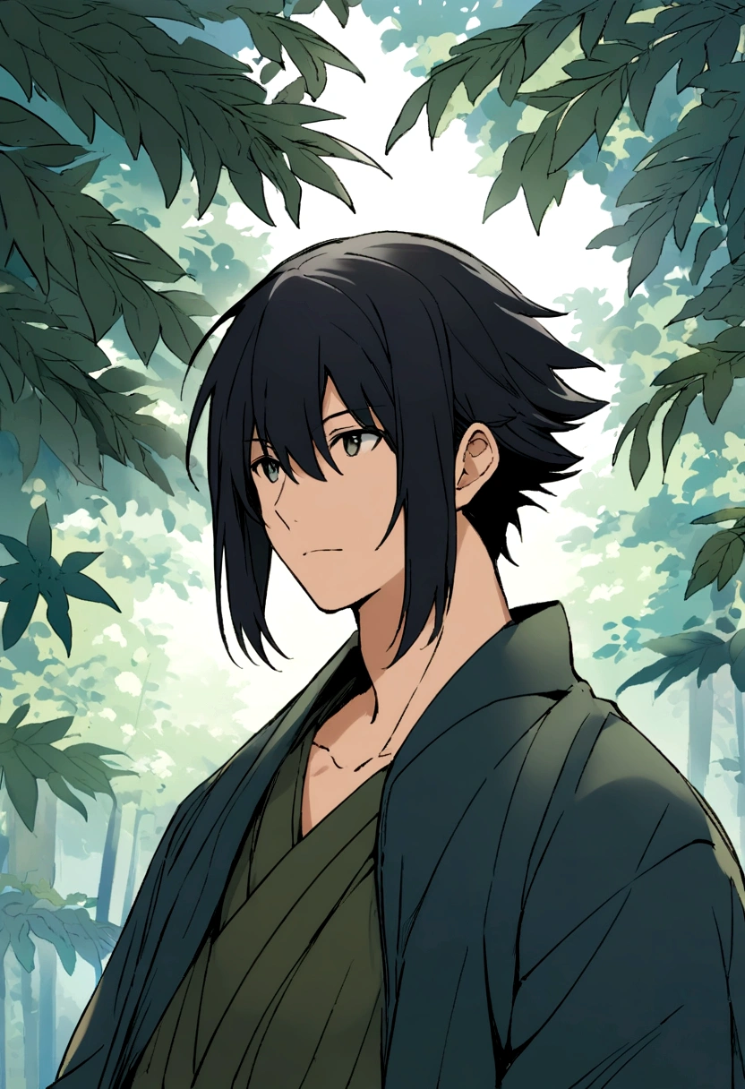 anime boy, shoulder-length straight black hair, makoto shinkai's style, forest background