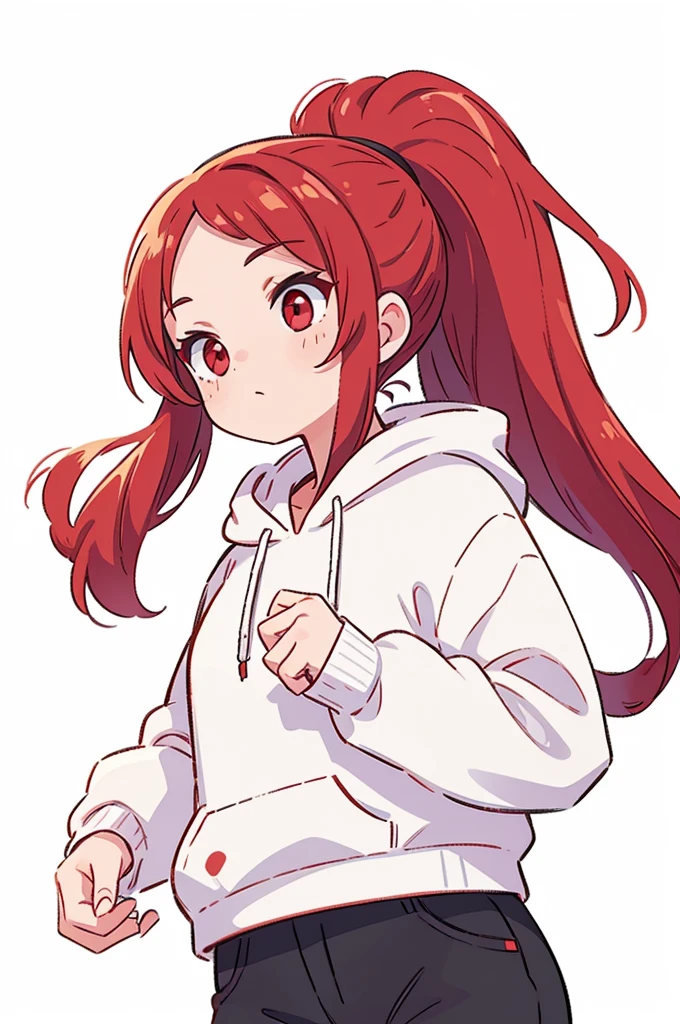 1 woman, best quality, Red Hair, ponytail, red eyes, white hoodie, black pants, white background, perfect hands