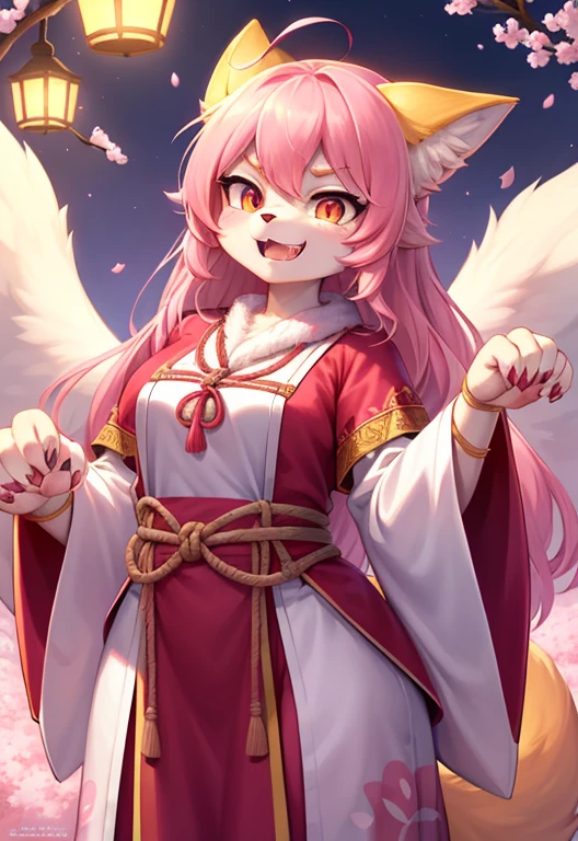 hairy, pink fur, Super cute face, Glowing T-shirt, Beautiful light and shadow, Ambient Light, superfine fur, Volumetric Light, fox, Mid-chest, Priestess, rope, Detailed clothing, Japanese clothes, Smiley Face, Fangs, fox狸, blue mark, Many Tails, monster, Blue Halo, 大paw, large paw, angry, Angel Wings, paw, 大paw, angry, Eye, pink, Angel Halo, young, short,Cherry blossoms