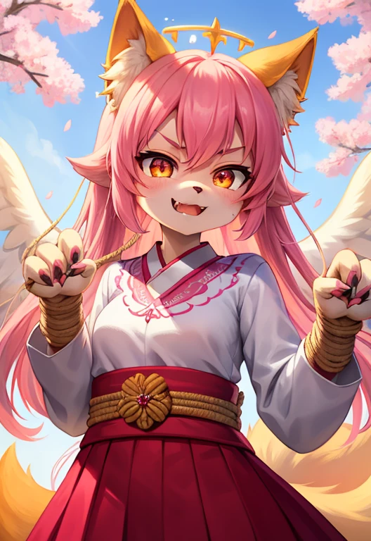 hairy, pink fur, Super cute face, Glowing T-shirt, Beautiful light and shadow, Ambient Light, superfine fur, Volumetric Light, fox, Mid-chest, Priestess, rope, Detailed clothing, Japanese clothes, Smiley Face, Fangs, fox狸, blue mark, Many Tails, monster, Blue Halo, 大paw, large paw, angry, Angel Wings, paw, 大paw, angry, Eye, pink, Angel Halo, young, short,Cherry blossoms