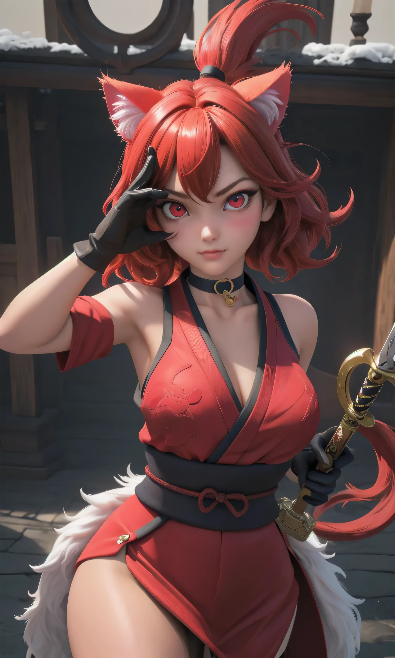 Masterpiece, Best Quality, Super Detailed, High Definition, Expensive Resolution, HDR, 4k, 8K, Unity 8k Wallpaper, Super Detailed CG, Masterpiece, Beautiful Details, Depth, Fine Texture, Super Fine: 1.3, Fully focused, crispy, skin, Very cute woman, ((red right eyes)) , looking at camera, ornament, heart, choker, sfw, covered medium breasts, red hair with cat ears, wearing a Japanese red shiny ninja like outfit, white fur, wearing gloves , carrying a sword, fullbody, fighting pose
