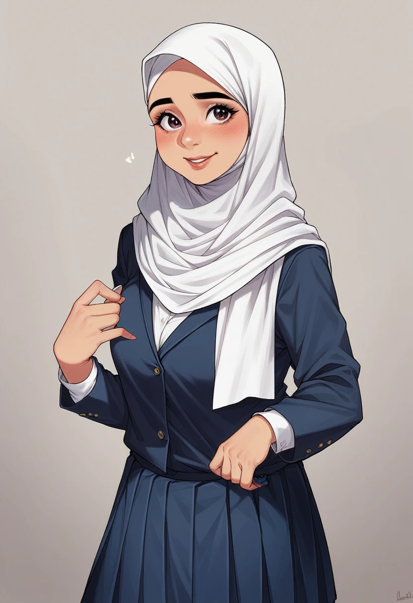 an Indonesian woman wearing a white scarf and a light blue skirt, girl wearing , uniform, white hijab, hijab, school girl, wearing , wearing a , student, , wonderful masterpiece, seifuku, cute , uniform, wearing authentic attire, candid picture, wearing headmistress uniform