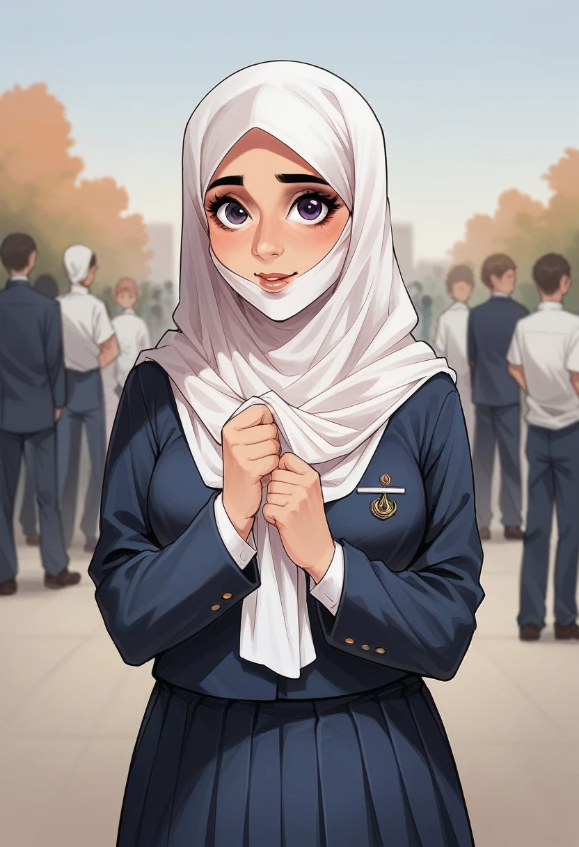 an Indonesian woman wearing a white scarf and a light blue skirt, girl wearing , uniform, white hijab, hijab, school girl, wearing , wearing a , student, , wonderful masterpiece, seifuku, cute , uniform, wearing authentic attire, candid picture, wearing headmistress uniform