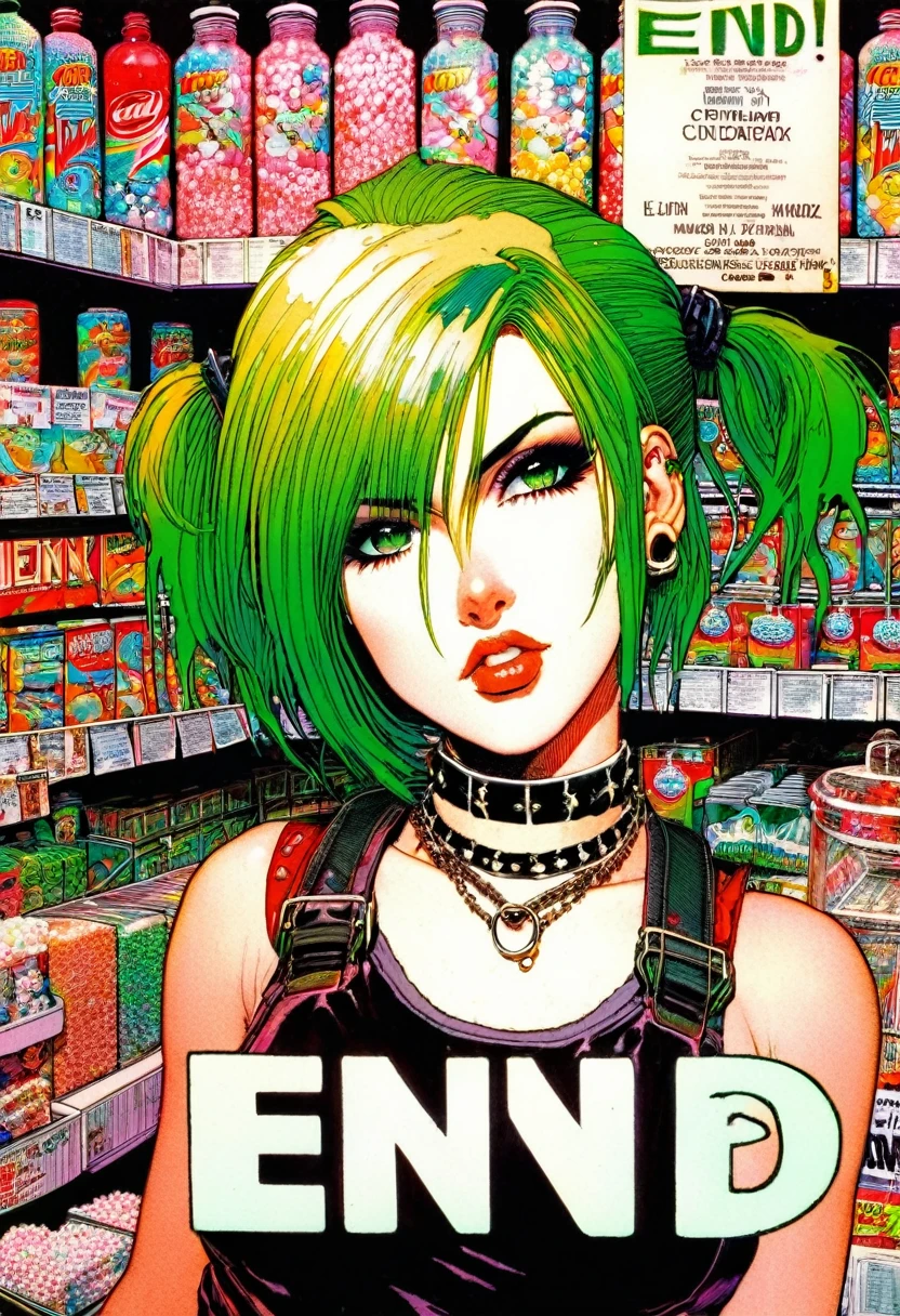 punk girl, green hair, sexy, in the middle of a small candy store, facial cumshot, cum, a lot of cum, (((holds a sign with the text: "END"))), art by Bill Sienkiewicz, intricate details. red tones, manga style
