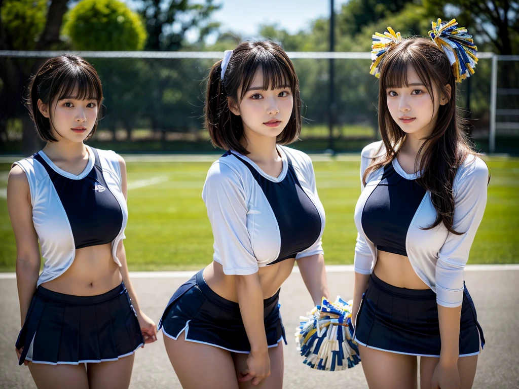 (RAW photo, 4k, masterpiece, high resolution, extremely complex) (realistic: 1.4), cinematic lighting
 ((2 girls, 2 schoolgirls)),blushing,((innocent)),bright eyes,round eyes,blunt bangs,(short bob hair:1.3),black hair,large breasts,wide hips,Summer Noon, ,Hot, (Best Quality), (Highres), (an Extremely Delicate and Beautiful),(Beautiful 8k face),(Brown eyes),( spectators),(gigantic breasts),(Play with each other,Touching each other's bodies,Touching the body),(cheer girl:1.5),(a miniskirt),(reality),bright lighting,(The background is a luxury hotel room)