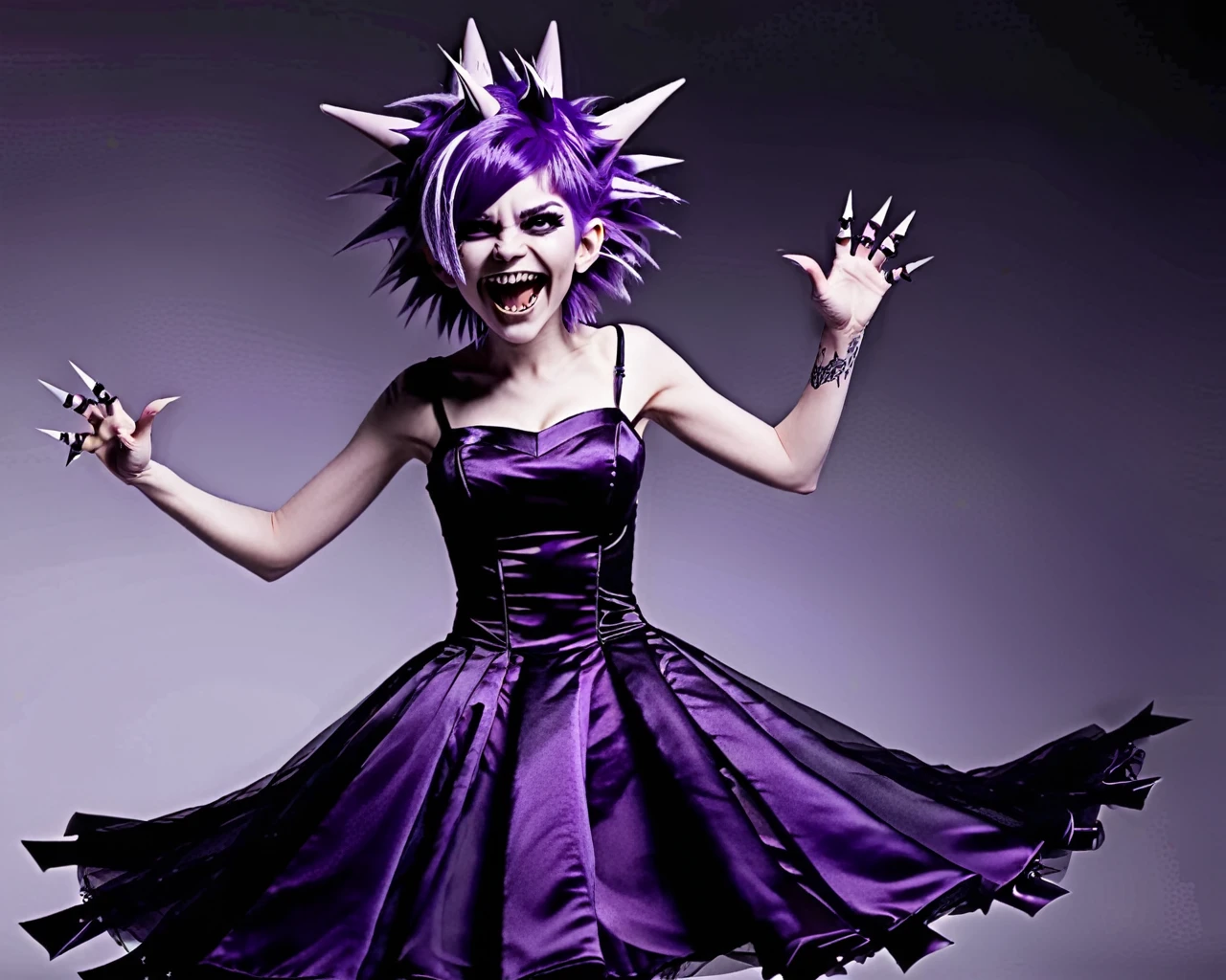 Ghost, (monster girl), purple skin, spikes, spiky purple hair, a fanged grin, floating hands, dressed in a dark-purple dress, floating in midair, masterpiece, best quality