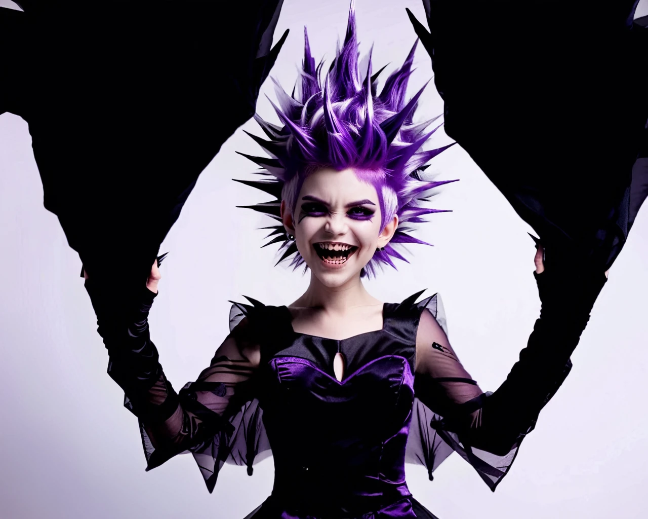 Ghost, (monster girl), purple skin, spikes, spiky purple hair, a fanged grin, floating hands, dressed in a dark-purple dress, floating in midair, masterpiece, best quality