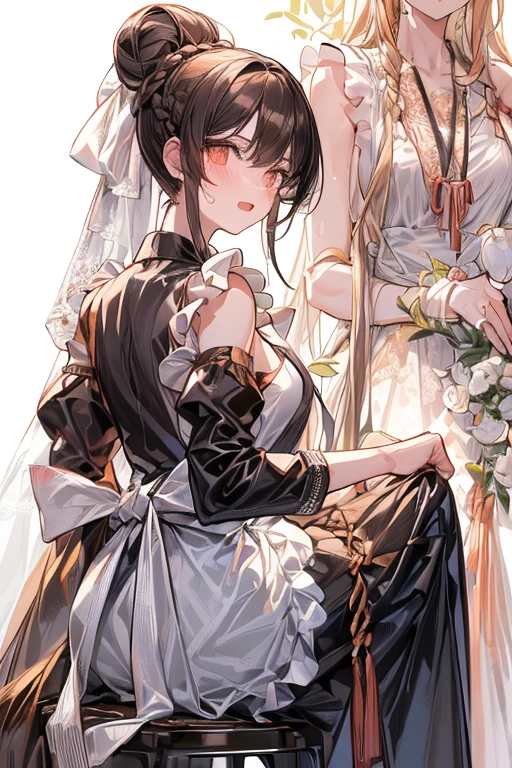 (from below:1.2),(from side:0.6),(Close-Up:0.4), (A masterpiece of image quality in 8K),(Beautiful Allafed Woman),(((emphasizing breasts:1.1))),(Dynamic angles),(Dynamic and sexy bending pose:1.3),(sit a chair:1.2),(Short hair in shiny silver and orange inner colors,small full breasts,Disturbance of clothing due to movement,breast slip,(Ponytail twisted buns adorned with elaborate braids and beads,Braided Setup Fishbone Hair:1.2),(see-through bangs),small breasts,(((A brown lace apron that shows your bare skin from under your small breasts.......)))、garters,Blush with embarrassment、Enraptured eyes、 little open mouth,A smile that beguiles the viewer、(Look back:1.2)、Look into the photographer,skin glistening with sweat,gazing at viewer,,(Professional Lighting),(masutepiece,top-quality,Ultra-high resolution output image,),(Ultra HD with complex detail image modes),depth of fields,Beautiful hands,Beautiful fingers,Detailed finger features,(Detailed hair features:1.7),detailed facial features,detailed clothes features,