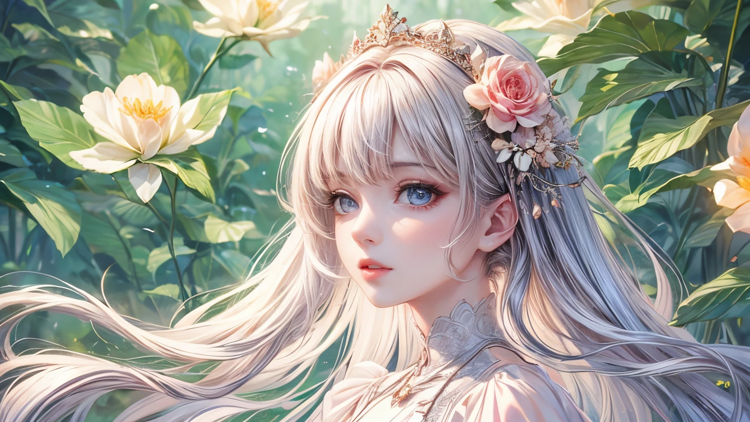 (best quality,8K,CG),detail upper body,lonesome girl,floral dress,forest background,detailed facial features,elegant long hair,almond-shaped eyes,detailed eye makeup,long fluttering eyelashes,blinking big eyes,twinkling stars,complex lip details,soft style