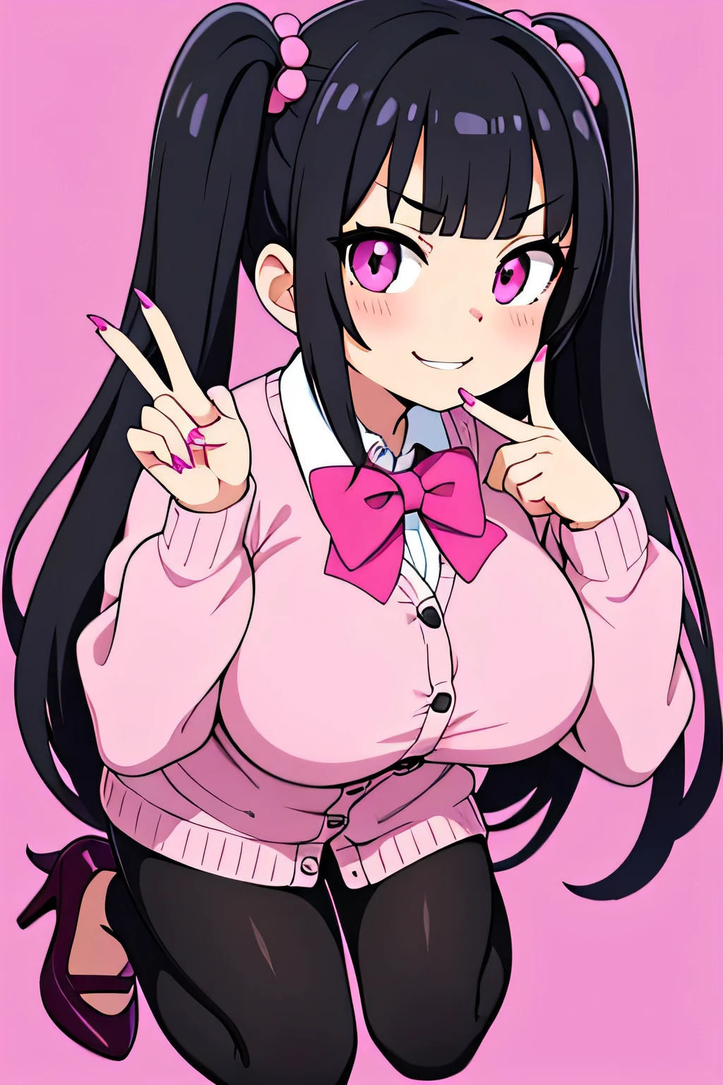 best quality, expressive eyes, perfect face, black hair, long twintails, straight bangs, pink eyes, smirking expression, pink gyaru outfit, pink lips, big breasts, adult, pinching finger, evil, wearing black heels, pink cardigan, uniform, long nails, gyaru fashion