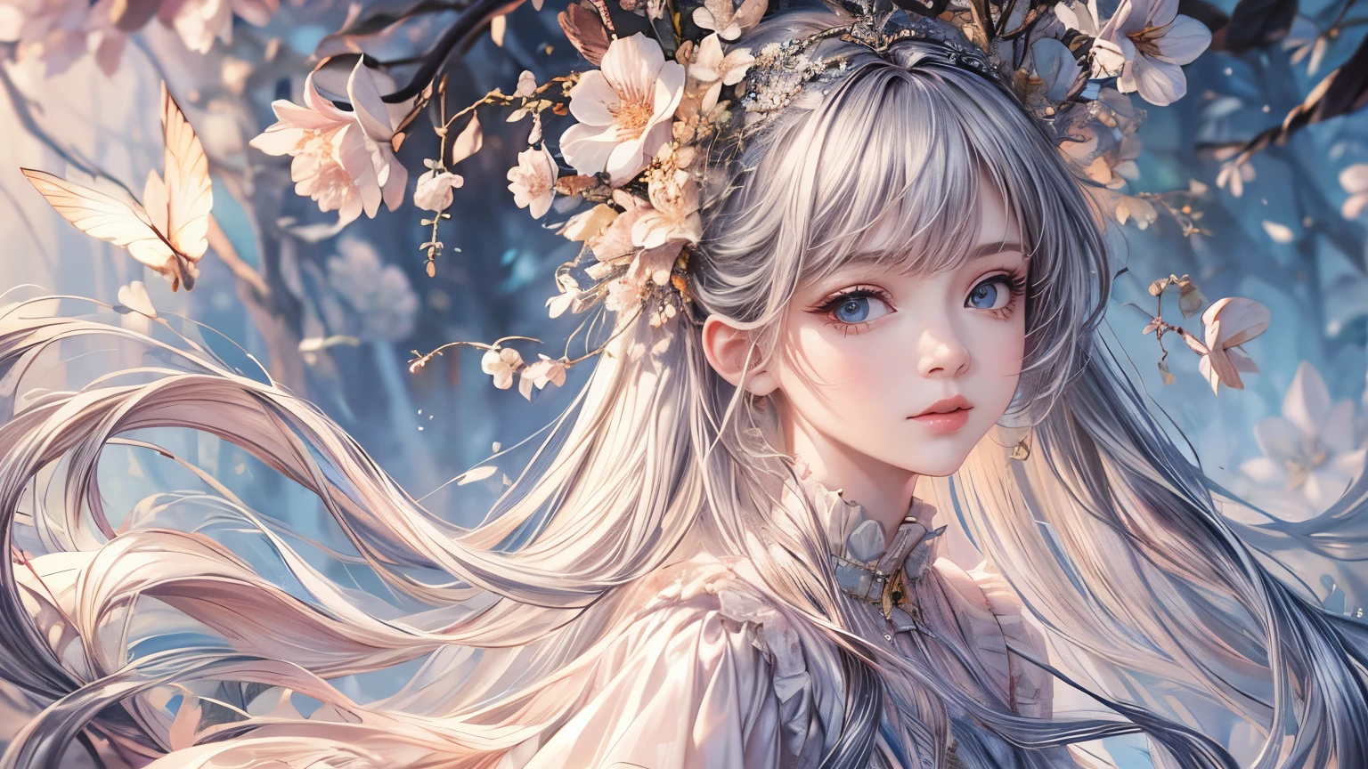 (best quality,8K,CG),detail upper body,lonesome girl,floral dress,forest background,detailed facial features,elegant long hair,almond-shaped eyes,detailed eye makeup,long fluttering eyelashes,blinking big eyes,twinkling stars,complex lip details,soft style
