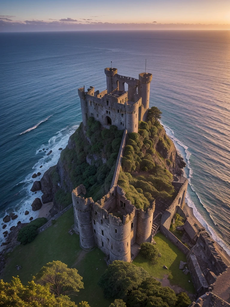 arafed castle on a cliff overlooking the ocean at sunset, castle ruins, ruined castle, big castle ruin, by Andrew Robertson, castle, by Alexander Robertson, epic vista of old ruins, scarry castle). mystical, by John Murdoch, stunning image, by Joseph Severn, a medieval castle, full image, inspiring, scarry castle)). mystical