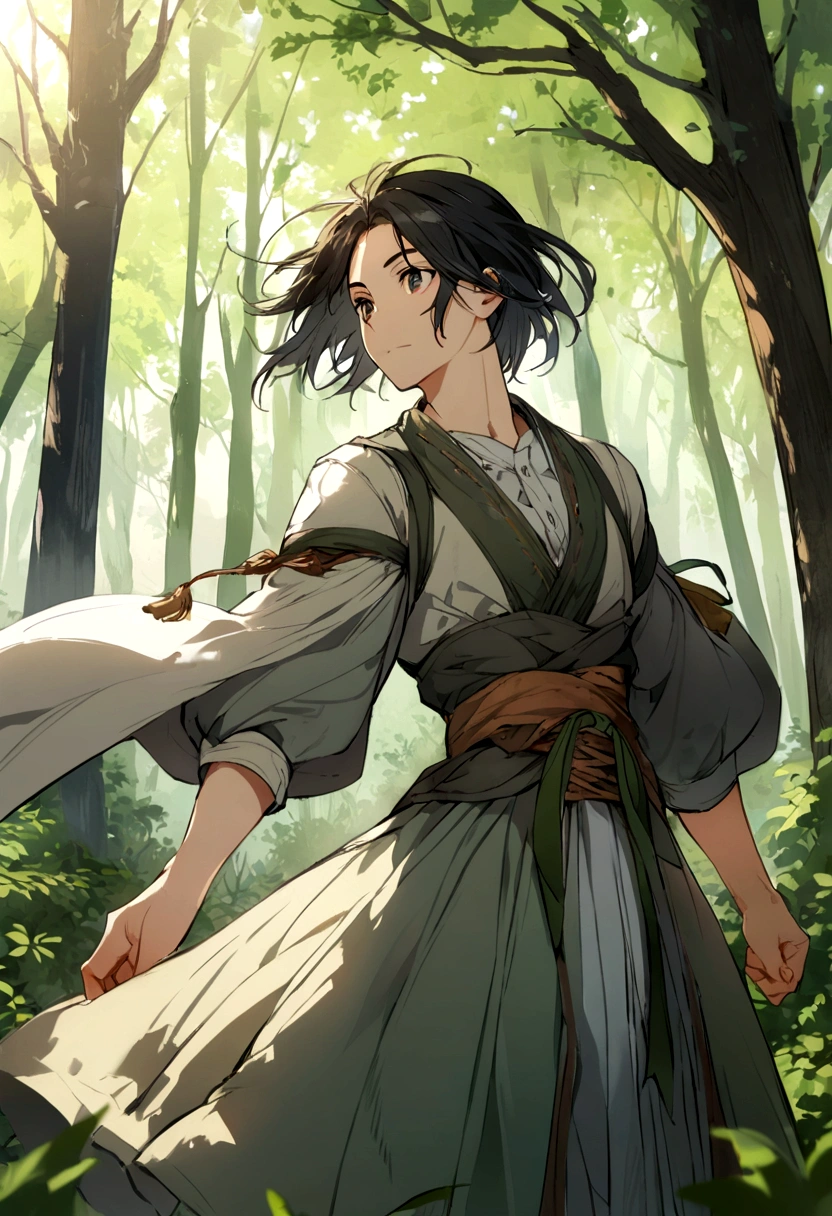 man in makoto shinkai's style, shoulder-length straight black hair, forest background, european clothing