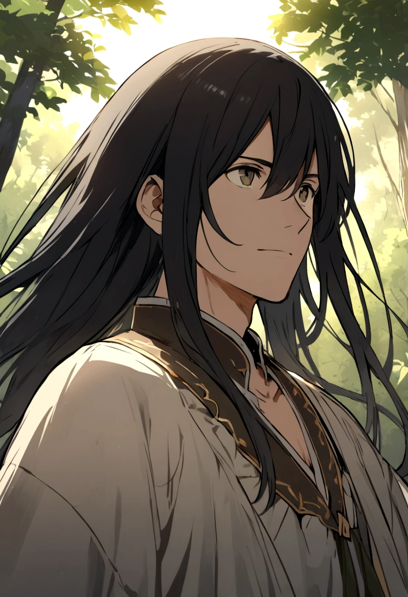 man in makoto shinkai's style, shoulder-length straight black hair, forest background, european clothing