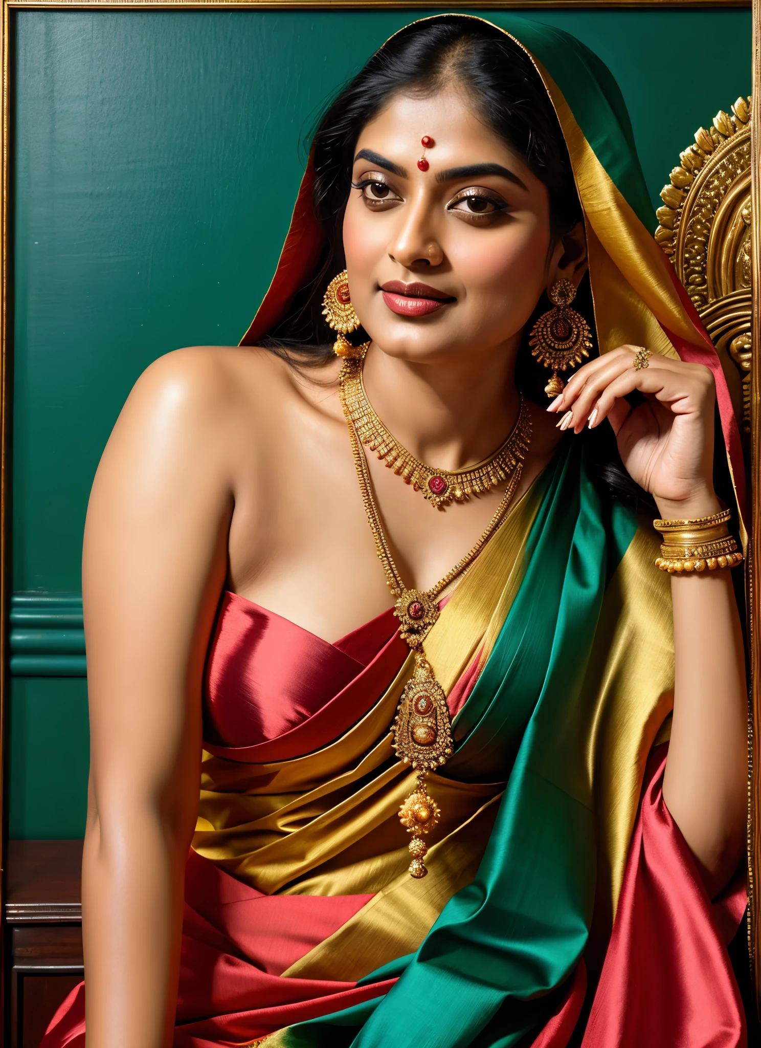 Beautiful painting of a woman in a sari with a necklace and earrings, looks like Sandeepa Dhar, inspired by Raja Ravi Varma, szukalski ravi varma, portrait of a beautiful goddess, by Raja Ravi Varma, indian goddess, traditional beauty, a stunning portrait of a goddess, inspired by T. K. Padmini, indian art, indian goddess of wealth, portrait of a goddess, bulky figure, fleshy woman, skin pores, thick figure, attractive beauty, stunning beauty, 