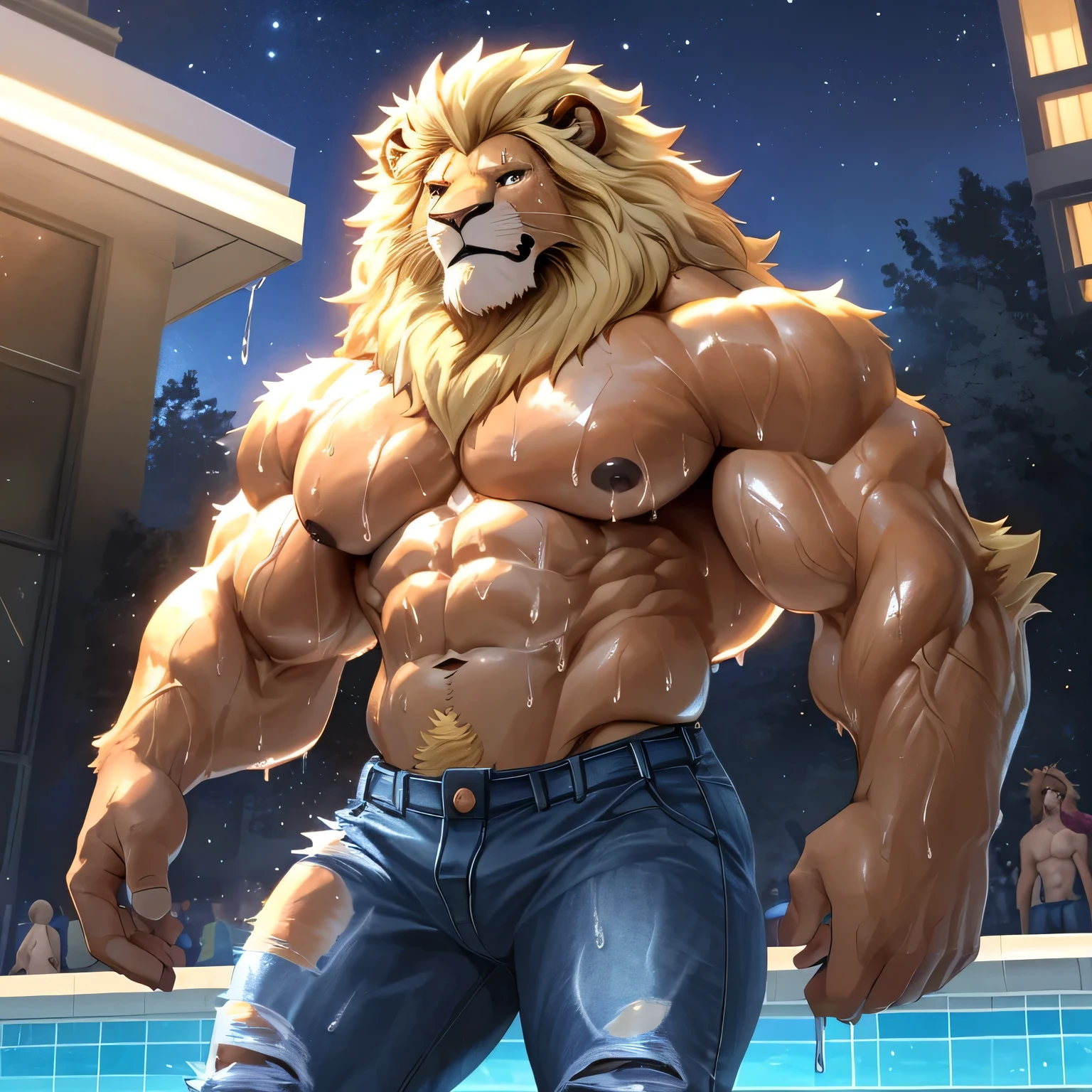 (highest quality:1.2), (masterpiece:1.2), anime, ultra detailed, angle from bottom, standing over viewer
, (Lion with a blond mane:1.3), great physique,Strong arms, manly, bodybuilder, (Fine veins:1.5), (shine body:1.5)
, (Excessive sweating:1.7), (Sweat all over the body:1.7), (shirtless:1.5)
, Fine grain, (ultra detailed eyes:1.4), black sclera, brown pupil
, black tongue, A large amount of saliva, Tears dripping
, (tear jeans:1.9)
,From null-ghost, (Poolside:1.3), The background is a forest, The lost city lights, end:night、in the starry sky, (A lot of people are watching:1.7)