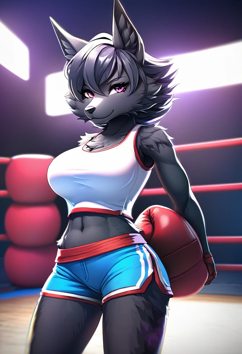 Detailed image, High quality, 4K, detailed face, anime style, single female black jackal, 40 years old, furry, Fluffy fur, lush breasts, pretty haircut, in a sexy boxing outfit, in short skirt with shorts, in boxing gloves, stands near the boxing ring 