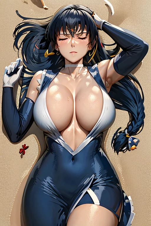 masterpiece, best quality, beautiful art, high resolution, well formed hands, body and fingers, 1 woman, solo, Sailor Mercury, blue hair, hair ornament,  adult, grown up, big breasted, cleavage, sailor collar, tiara, elbow gloves, full body, braided long hair, blue_kunoichi_dress, wearing DOA Kasumi's blue kunoichi dress, sleeveless, white stockings, gorgeous legs and thighs, ryona,in peril, she is  defeated, knocked out, passed out, closed eyes, exhausted, unconscious, laying down on the sand, extended exposed body, full body on the sand, breathing heavily, sexy smirk on her face, bouncing breasts, sexy defeated pose, defeat and KO scene, fallen beauty, martial arts tournament with beach environment     