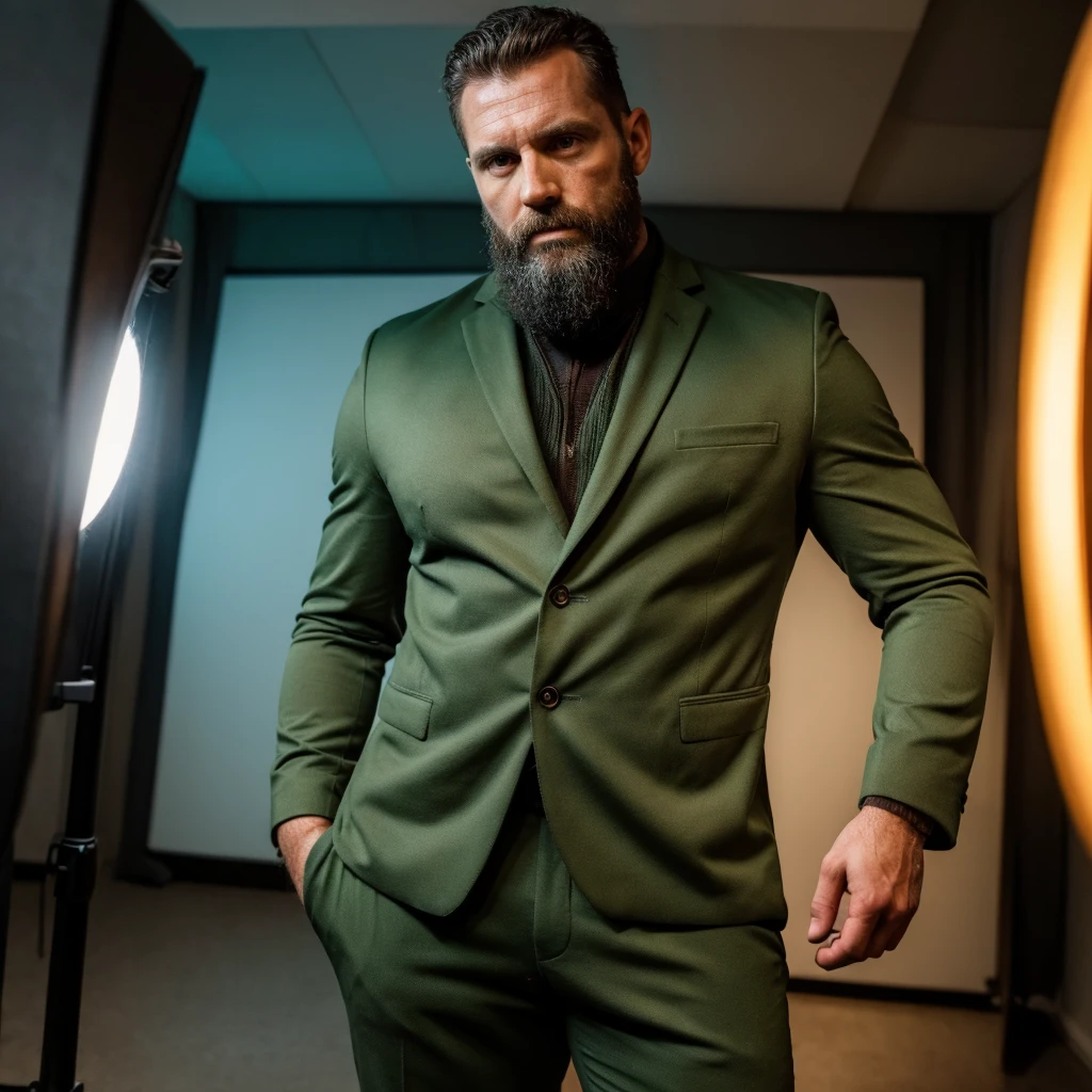 a very tall and muscular bearded 35 year old male doctor, wearing a dark green suit, standing barefoot in his cramped studio, detailed face, piercing eyes, intricate suit folds, highly realistic, 8k, photorealistic, cinematic lighting, warm color tones, masterpiece