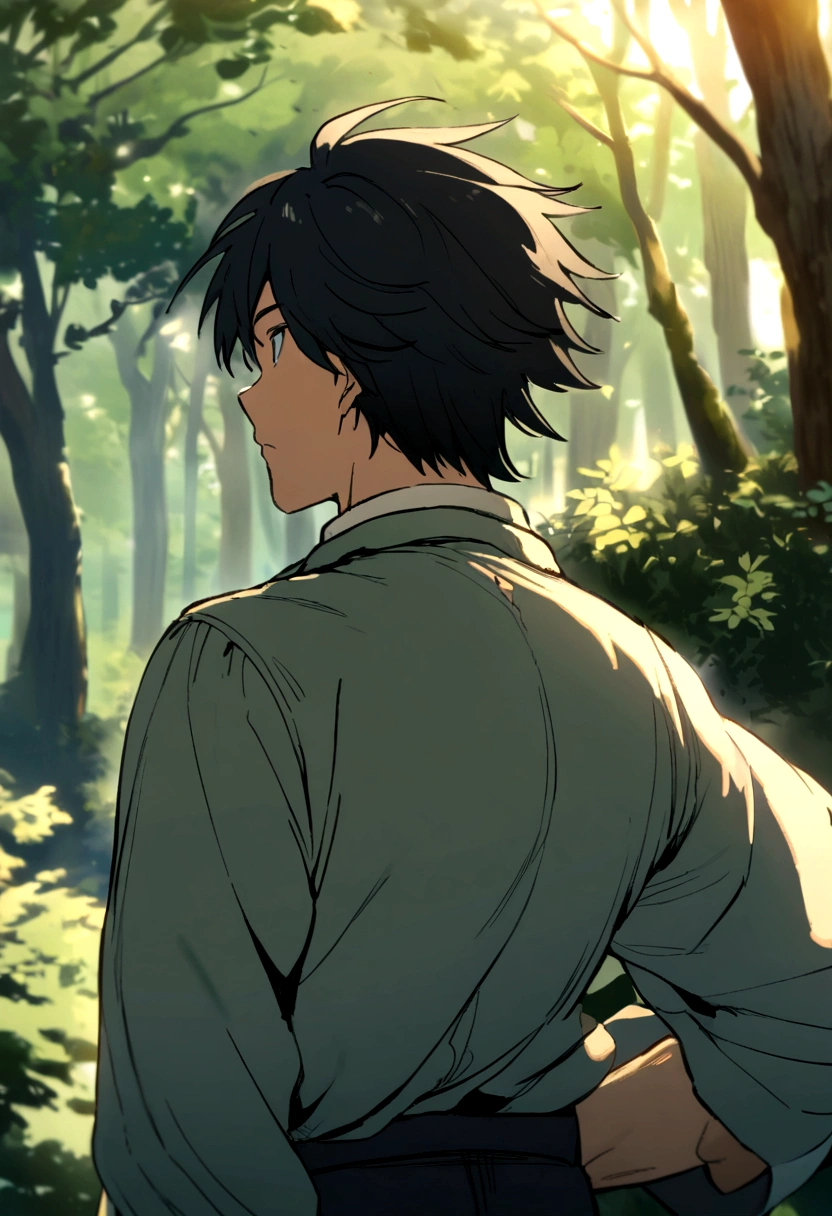 anime man, shaggy straight black hair, makoto shinkai's style, forest background