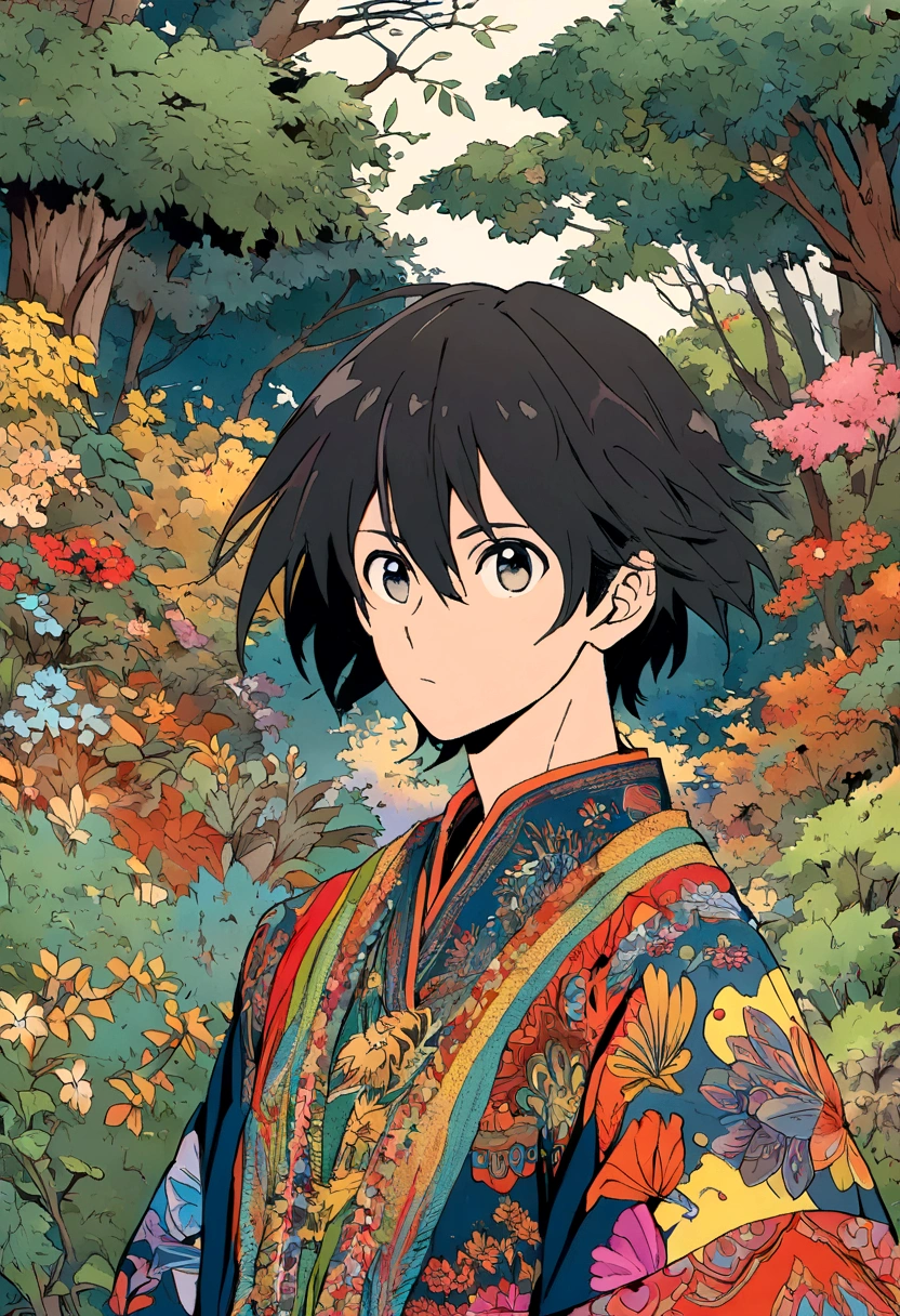 anime man, shaggy straight black hair, makoto shinkai's style, forest background