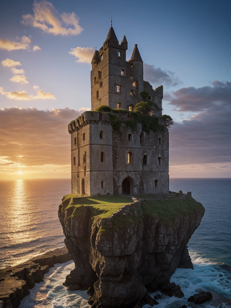 arafed castle on a cliff overlooking the ocean at sunset, castle ruins, ruined castle, big castle ruin, by Andrew Robertson, castle, by Alexander Robertson, epic vista of old ruins, scarry castle). mystical, by John Murdoch, stunning image, by Joseph Severn, a medieval castle, full image, inspiring, scarry castle)). mystical