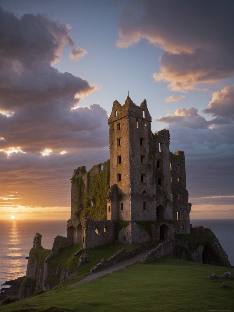 arafed castle on a cliff overlooking the ocean at sunset, castle ruins, ruined castle, big castle ruin, by Andrew Robertson, castle, by Alexander Robertson, epic vista of old ruins, scarry castle). mystical, by John Murdoch, stunning image, by Joseph Severn, a medieval castle, full image, inspiring, scarry castle)). mystical
